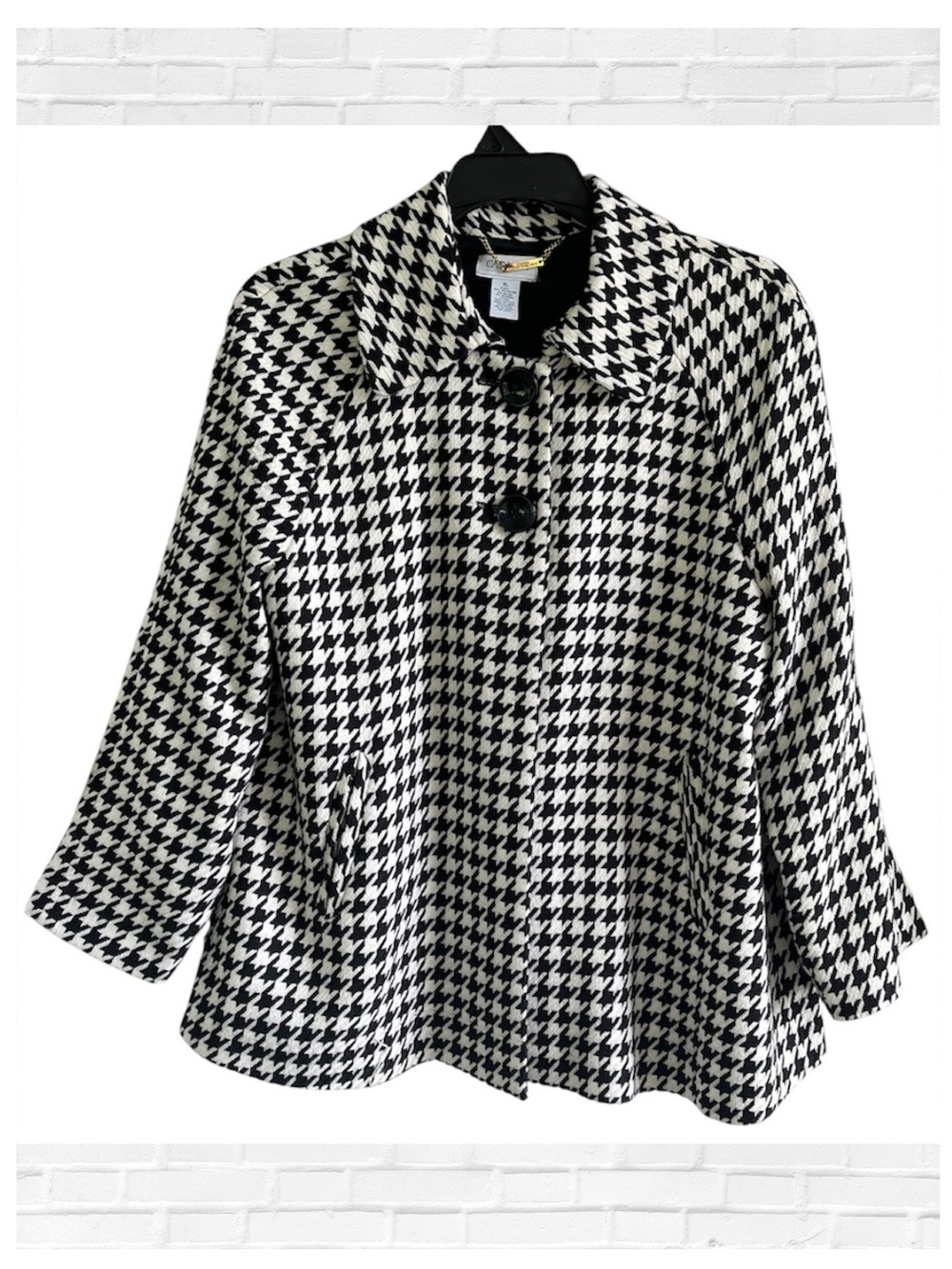 Carmen Marc Valvo XL Houndstooth Woven Swing Coat Black White Career Old Money